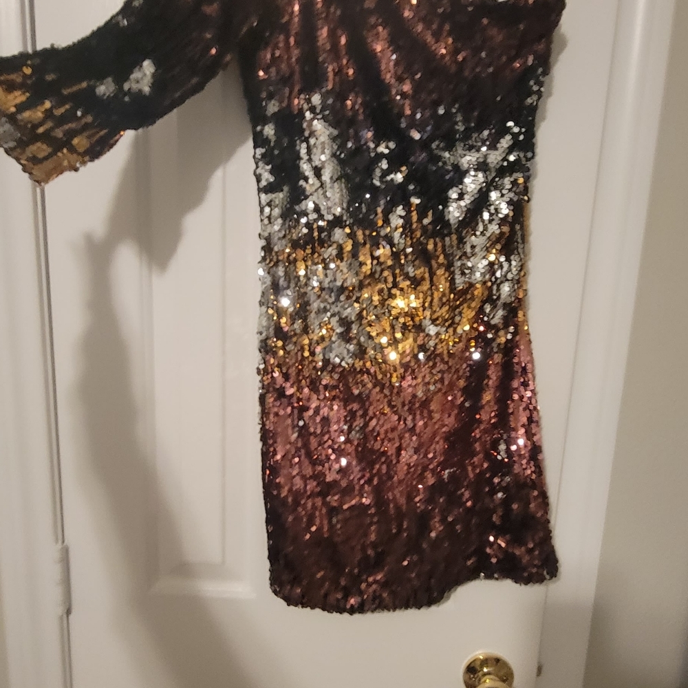BEBE OFF-SHOULDER MULTI COLOR SEQUIN DRESS